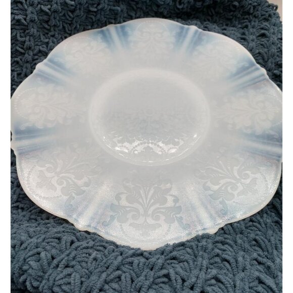 Vintage Opalescent Blue & White Glass Plate W/Scalloped Edge w/Fleur-De-Lis Patt - Picture 4 of 5